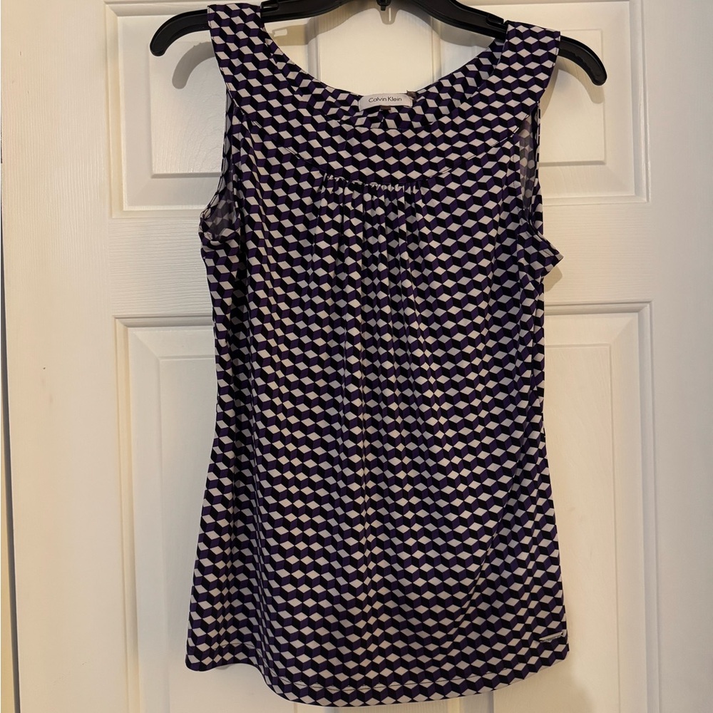 Calvin Klein purple, black and White Patterned Top.  Size Medium $15